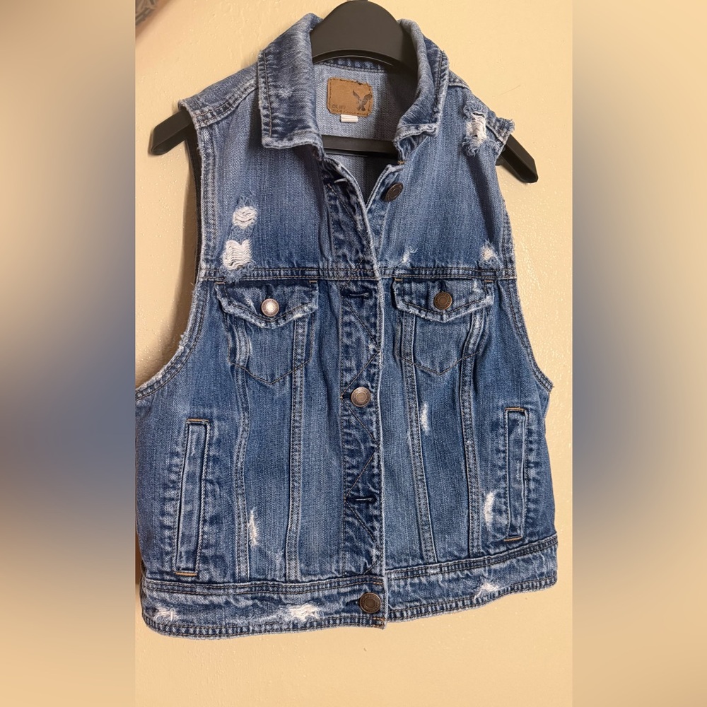 American Eagle Outfitters Blue Distressed Jean Vest